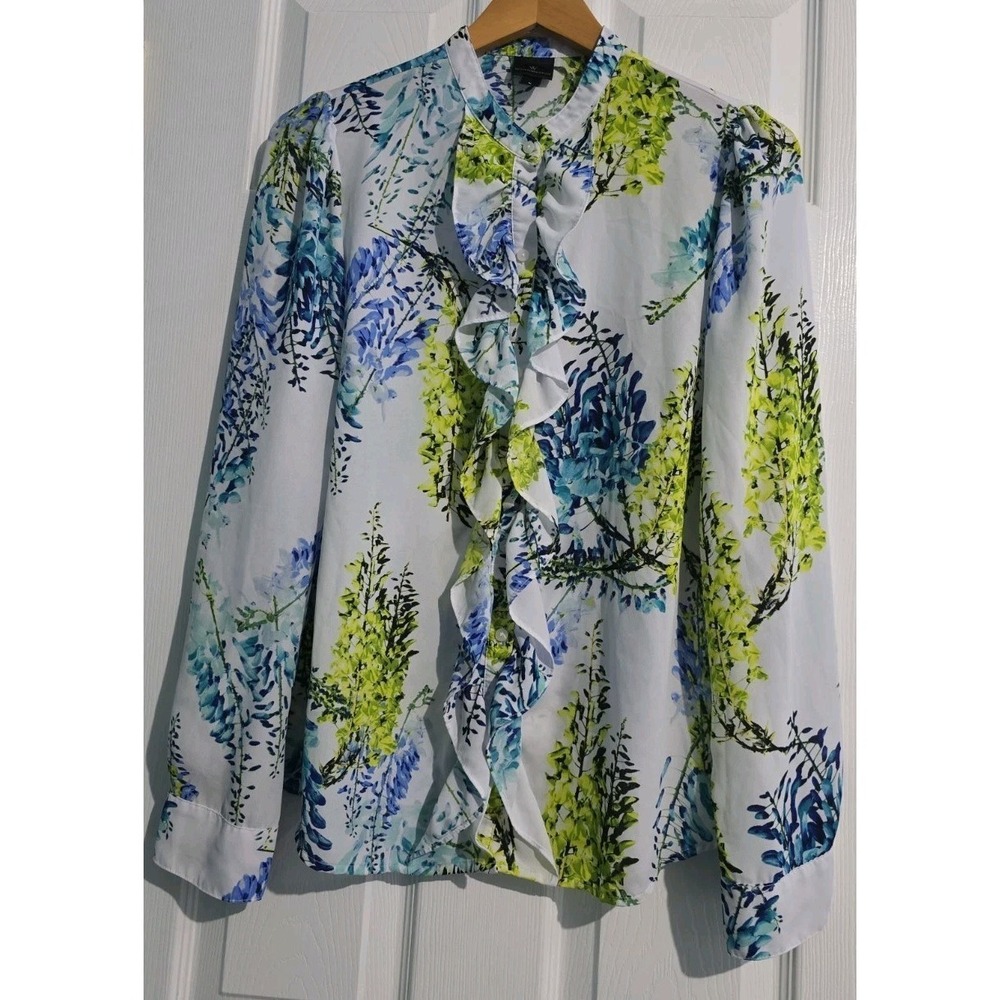 Worthington Womens L White Turquoise Botanical Ruffle Front Long Sleeve Blouse